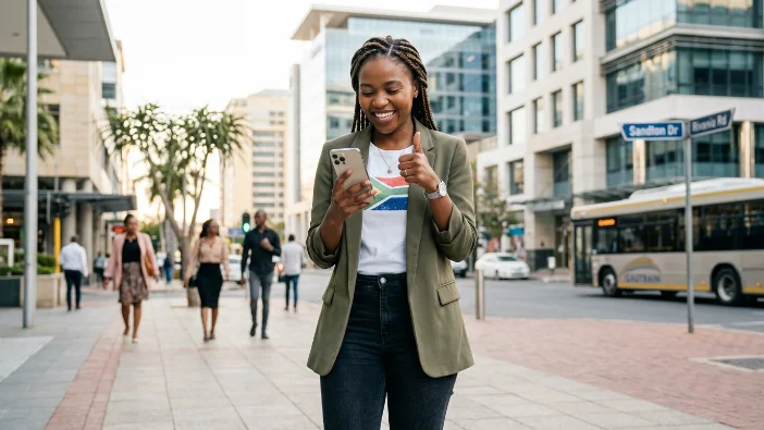 Happy woman smiling and giving thumbs up while changing SASSA R350 banking details on smartphone, successfully updating SRD grant payment information on mobile app in urban city setting