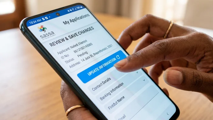 Person using mobile phone to update SASSA R350 pending application status in 2026, showing review and save changes screen with update information button to fix SRD grant application