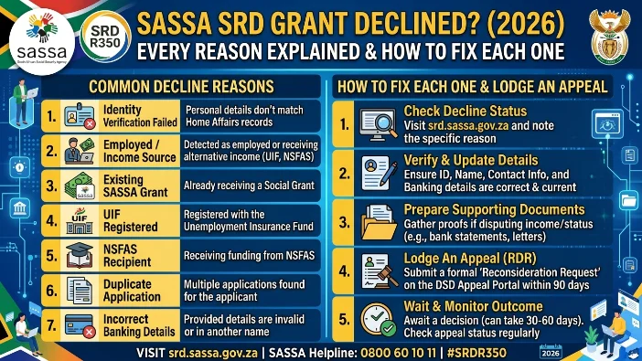 SASSA SRD grant declined infographic 2026 detailing 7 common reasons like identity and income checks, with a 5-step guide on how to fix the status and lodge an appeal