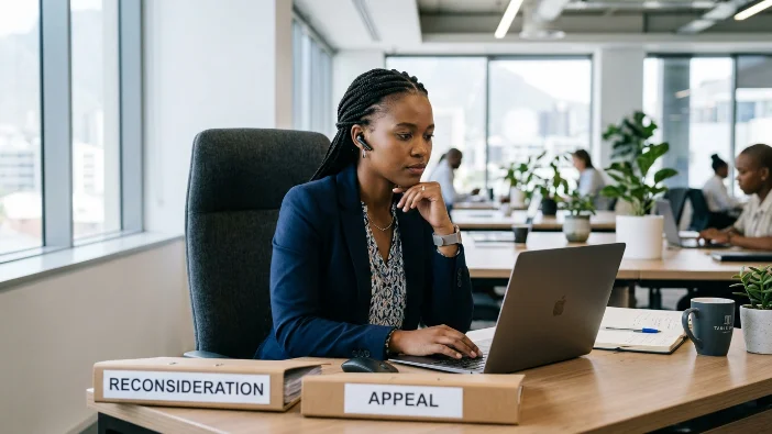 Professional woman comparing SASSA SRD reconsideration vs appeal process options at desk with labeled folders, understanding difference between SASSA grant reconsideration and appeal procedures in 2026