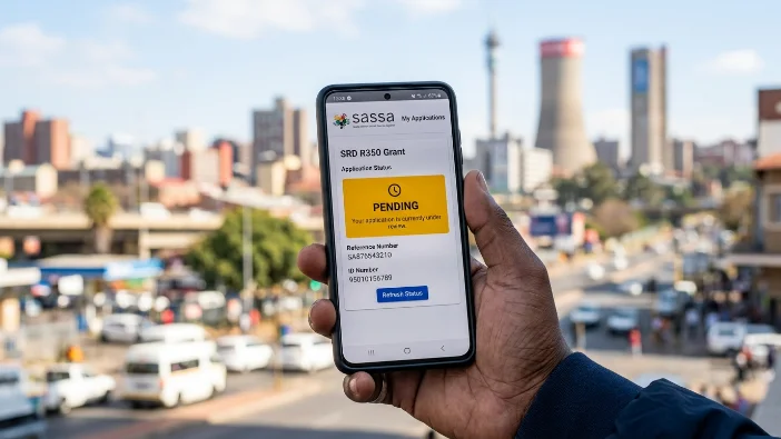 SASSA SRD R350 grant application showing pending status on mobile phone screen in South African city, checking SRD status online 2026, what to do when application is pending and how long approval takes