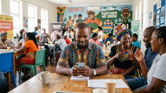 Man checking SASSA SRD status on phone at community support center with Ubuntu mural, people gathering to discuss pending grant applications and get help with SRD R350 status inquiries in 2026