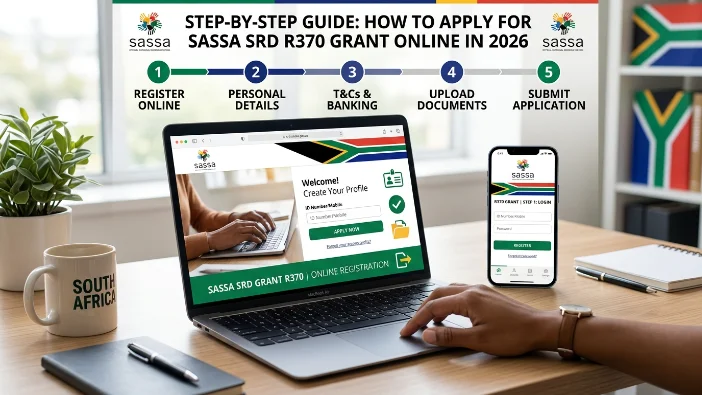 Step-by-step guide showing how to apply for the SASSA SRD R370 grant online in 2026, displaying the 5-step registration process on a laptop and smartphone alongside the South African flag.