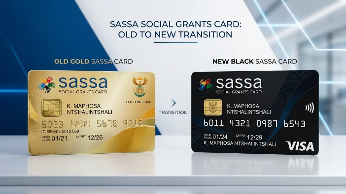 Side-by-side comparison showing the transition from the old gold SASSA card to the new black Postbank SASSA card, illustrating the 2026 card swap process and deadline.