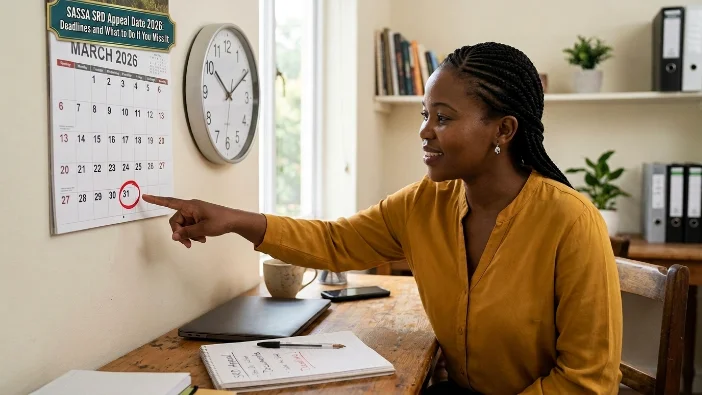 Woman pointing to the March 31 deadline circled on a calendar for the SASSA SRD appeal date 2026, highlighting the final date to submit an appeal and what to do if you miss the SASSA grant deadline.