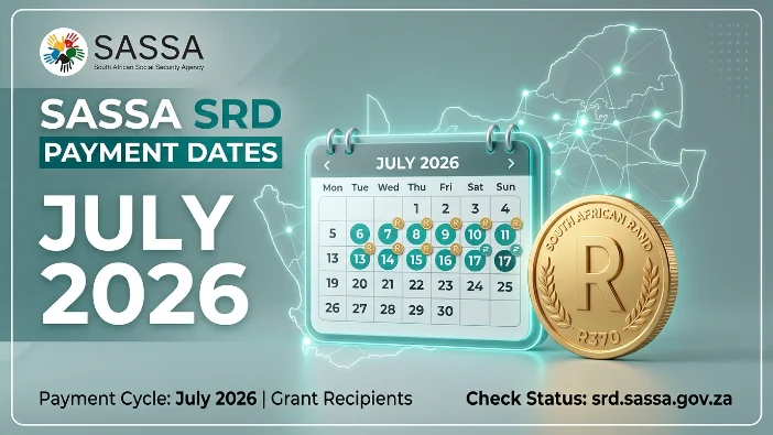 SASSA SRD grant payment dates calendar for July 2026 showing scheduled payment cycle dates for R370 grant recipients in South Africa, with status check information and payment timeline