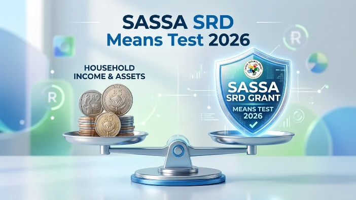 SASSA SRD means test 2026 balance scale showing household income and assets in rands weighed against grant eligibility threshold, illustrating the R624 income limit calculation for SRD grant qualification