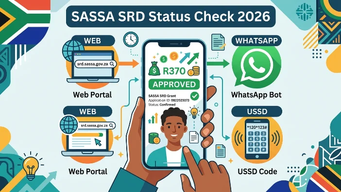 SASSA SRD status check 2026 infographic showing how to check R370 grant approval online via the official web portal, WhatsApp bot, and USSD code on a mobile phone.