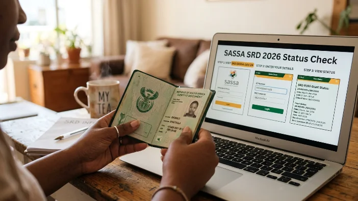 Person checking SASSA SRD status online using laptop with South African ID document, showing step-by-step status check process by photo and ID number for 2026 grant verification