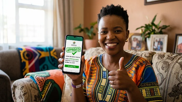 Happy woman showing approved SASSA SRD grant status on smartphone with thumbs up at home, using WhatsApp service to check R370 grant application status and get help in 2026