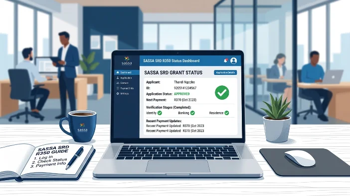 Laptop displaying the SASSA SRD status dashboard with an approved application and verification stages, alongside a guide notebook explaining the meaning of every SRD SASSA status message in 2026.